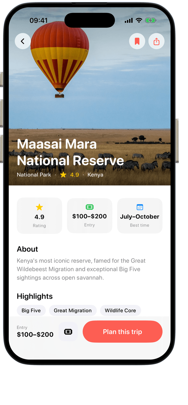 Places app itinerary for the Maasai Mara